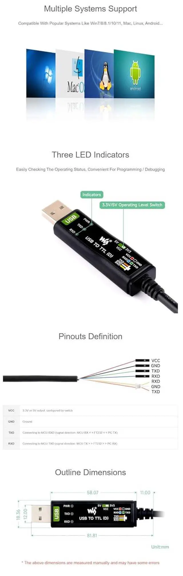 Alt view image 7 of 7 - Industrial USB to TTL (D) Serial Cable Onboard Original FT232RNLFor Raspberry Pi 5 Serial Port Debugging with with Separated 4pin Header & SH1.0 3PIN Connector