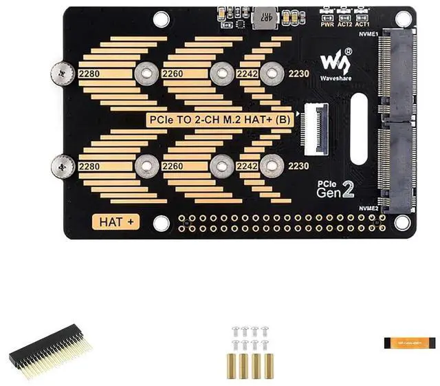 Main image of PCIe to 2-Ch M.2 Adapter Module Type B for Raspberry Pi 5 Fits 2280/2260 / 2242/2230 Size NVMe Protocol M.2 SSD High-Speed Reading/Writing for Raspberry Pi 5 NVMe HAT 5Gbps Data Rate