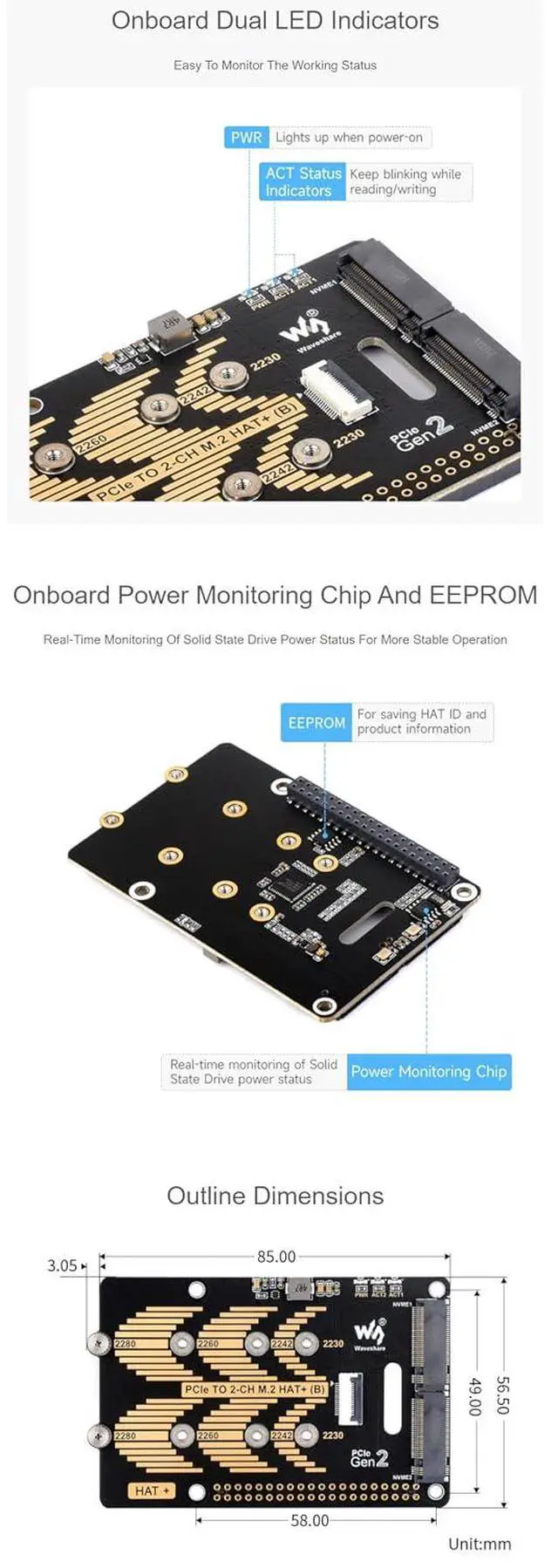 Alt view image 7 of 7 - PCIe to 2-Ch M.2 Adapter Module Type B for Raspberry Pi 5 Fits 2280/2260 / 2242/2230 Size NVMe Protocol M.2 SSD High-Speed Reading/Writing for Raspberry Pi 5 NVMe HAT 5Gbps Data Rate