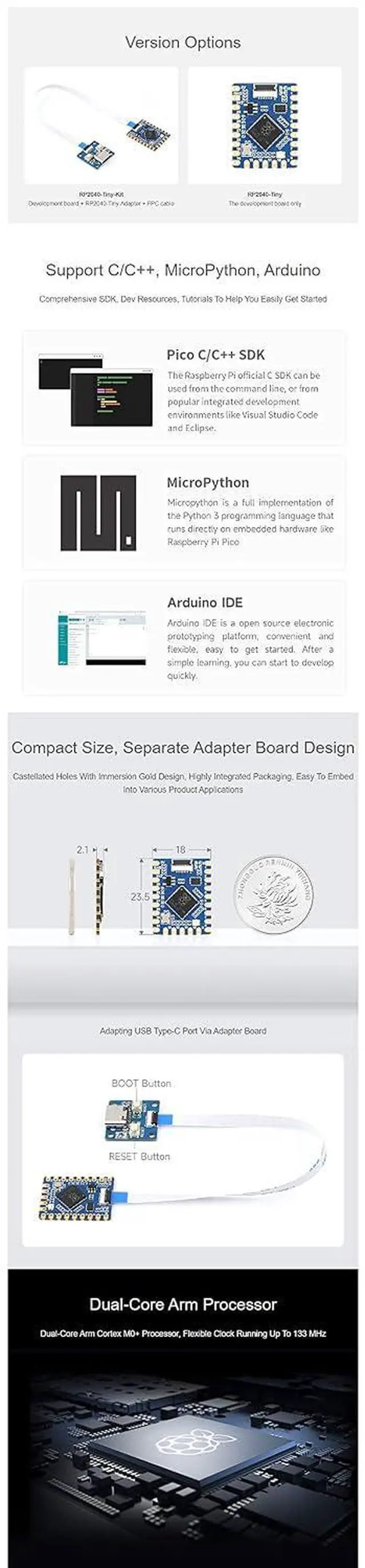 Alt view image 5 of 7 - RP2040-Tiny Development Board Based On RP2040 Dual Core Processor for Raspberry Pi Microcontroller Board USB Type-C Port with Adapter Board