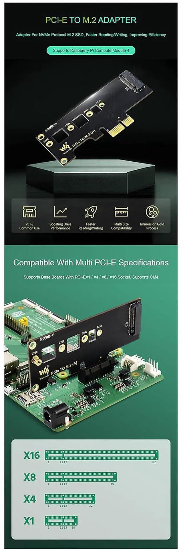 Alt view image 4 of 5 - PCIe to M.2 Adapter, Supports Raspberry Pi Compute Module 4 (CM4), Faster Reading/Writing,Compatible Different Sizes of M.2 SSD