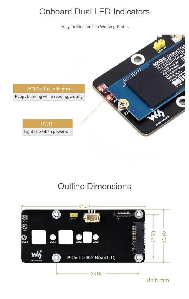 Alt view image 6 of 7 - for Raspberry Pi 5 PCIe to M.2 Adapter Board (C) Compatible NVMe Protocol M.2 Solid State Drive with Transparent Acrylic Mounting Plate