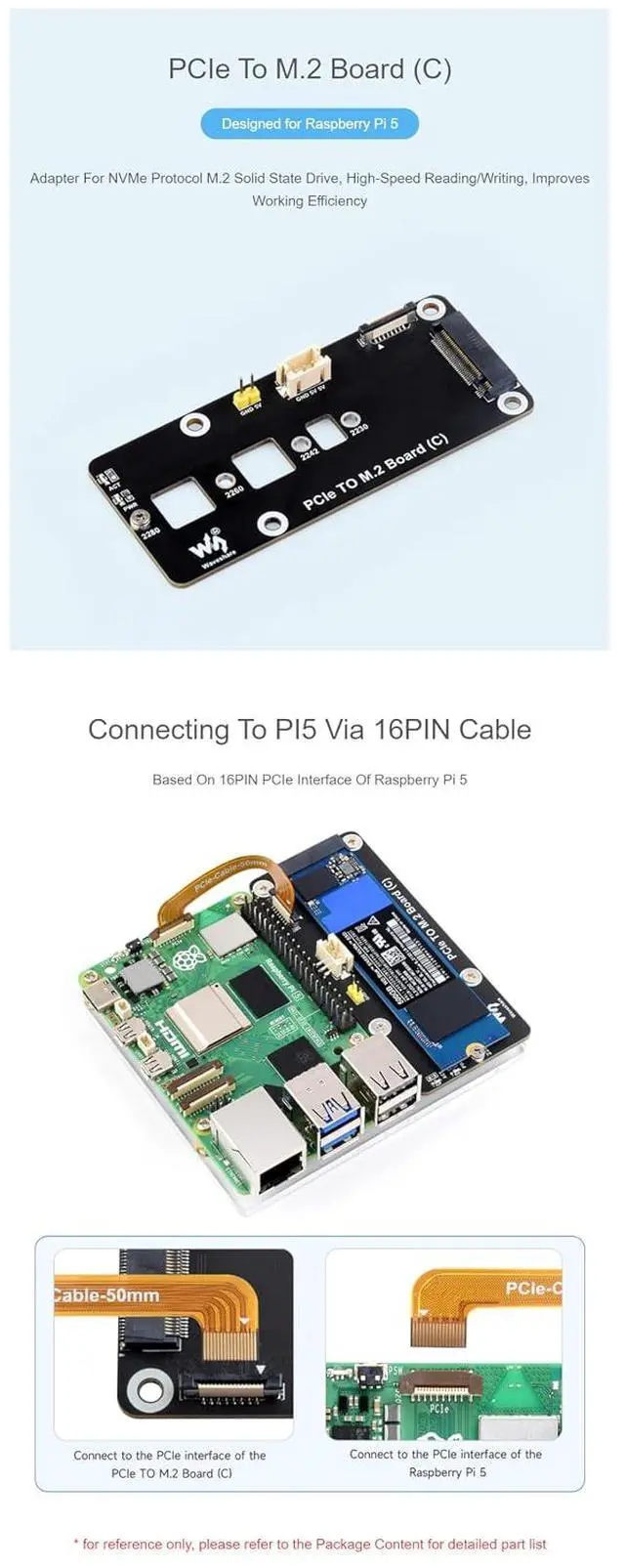 Alt view image 4 of 7 - for Raspberry Pi 5 PCIe to M.2 Adapter Board (C) Compatible NVMe Protocol M.2 Solid State Drive with Transparent Acrylic Mounting Plate