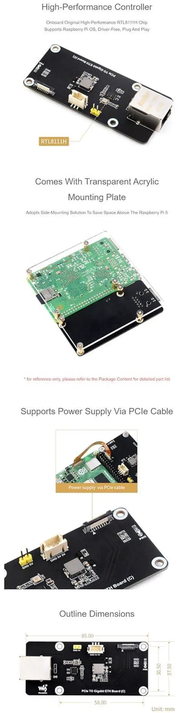Alt view image 5 of 6 - PCIe to Gigabit ETH Board (C) for Raspberry Pi 5 PCIe to RJ45 Module Fits Raspberry Pi OS Driver Free with Acrylic Mounting Plate