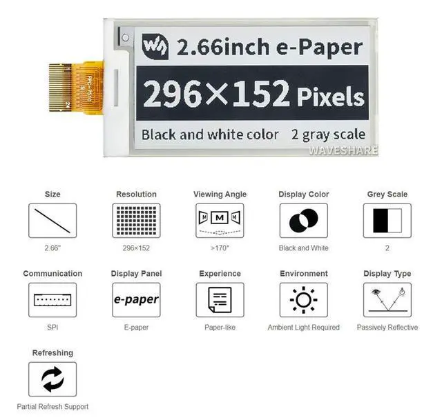 Alt view image 6 of 7 - 2.66inch E-Paper E-Ink Raw Display for Raspberry Pi/Jetson Nano, 296×152 Pixels e-Paper Module, Black/White Dual-Color, SPI Without PCB