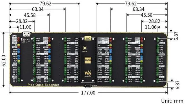 Alt view image 5 of 7 - Quad GPIO Expander for Raspberry Pi Pico Board with Four Sets of Male Headers for Directly Connecting Expansion Modules,USB Power Input Connector