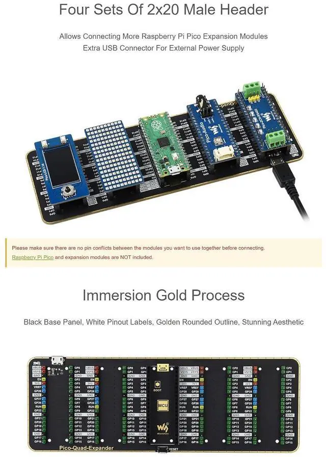 Alt view image 7 of 7 - Quad GPIO Expander for Raspberry Pi Pico Board with Four Sets of Male Headers for Directly Connecting Expansion Modules,USB Power Input Connector