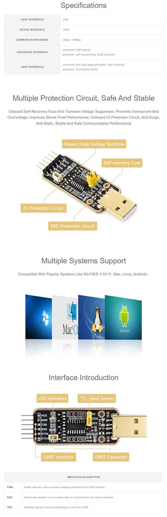 Alt view image 5 of 6 - USB to UART Debugger Module for Raspberry Pi 5 Type-A Port High Baud Rate Transmission Supports Win7/8/8.1/10/11, Mac, Linux, Android