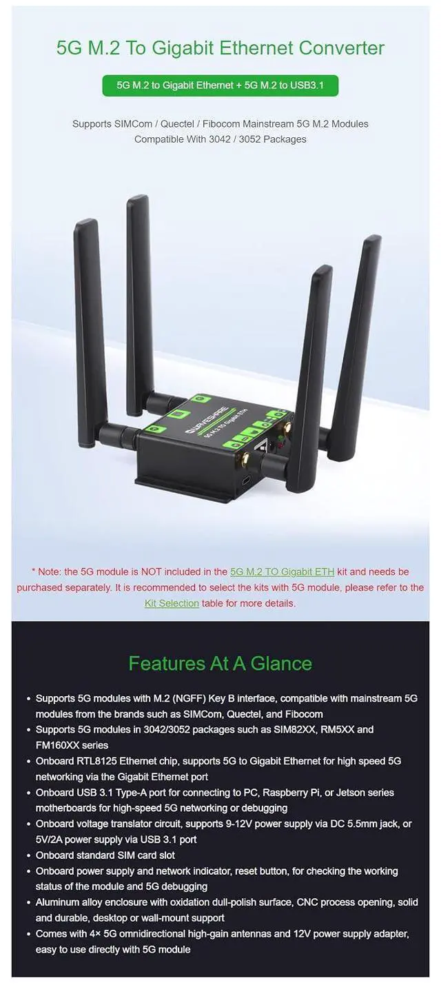 Alt view image 3 of 7 - 5G M.2 to Gigabit ETH Converter 5G M.2 to USB3.1 Aluminum Alloy Case Quad Antennas Supports 5G modules with M.2 (NGFF) Key B Interface Wall-Mount Support