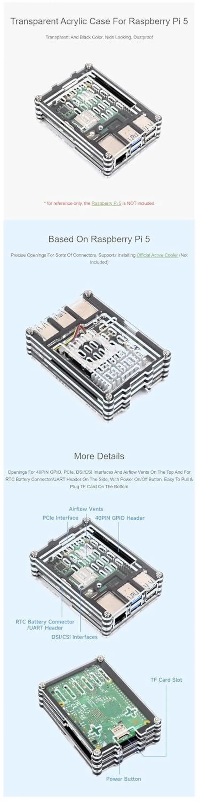 Alt view image 4 of 6 - for Raspberry Pi 5 Transparent and Black Acrylic Case Supports Installing with Official Active Cooler Precise Openings for Sorts of Connectors