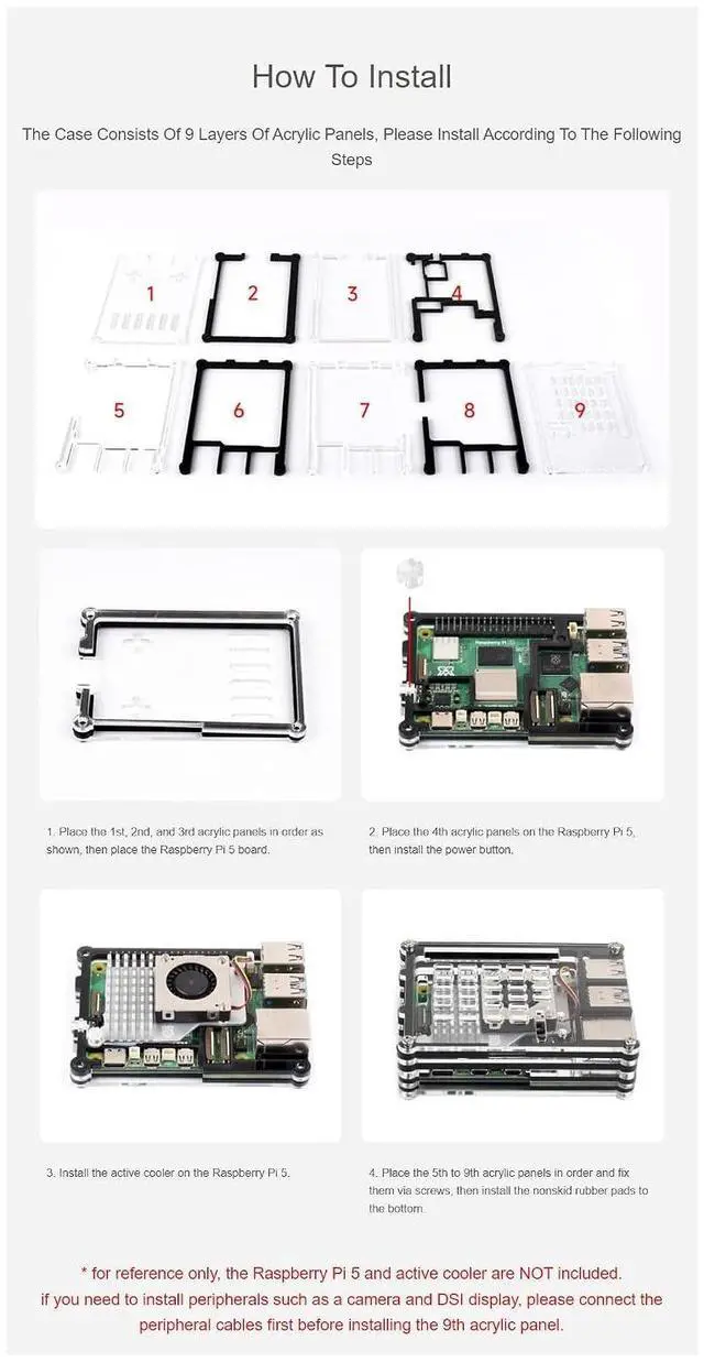Alt view image 6 of 6 - for Raspberry Pi 5 Transparent and Black Acrylic Case Supports Installing with Official Active Cooler Precise Openings for Sorts of Connectors