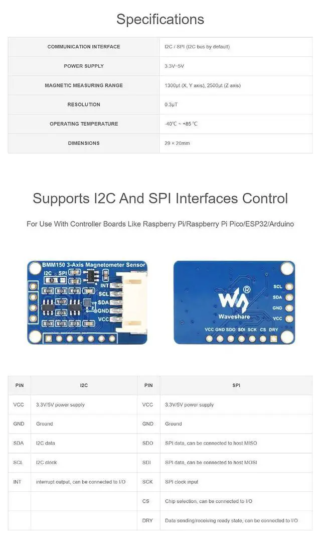 Alt view image 6 of 7 - BMM150 3-Axis Magnetometer Sensor for Raspberry Pi & ESP32, Digital Compass, I2C/SPI Interface, 3.3V/5V Compatible, Robotics & Navigation