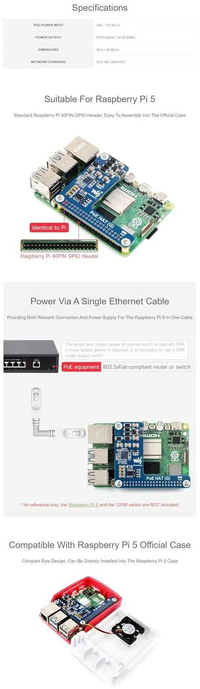 Alt view image 4 of 5 - for Raspberry Pi 5 PoE HAT Power Over Ethernet HAT (G) 5V 5A Output Supports 802.3af/at Network Standard Fits Raspberry Pi 5 Official Case