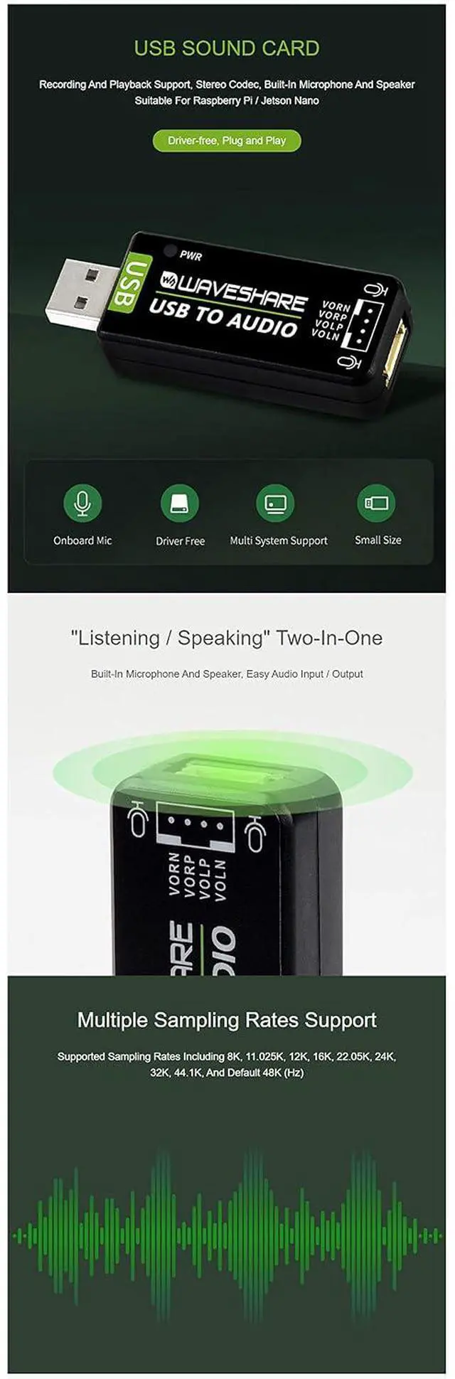 Alt view image 3 of 7 - USB Sound Card USB Audio Module with Speaker for Raspberry Pi/Jetson Nano, No Need Driver, External Audio Converter,Recording and Playback Support