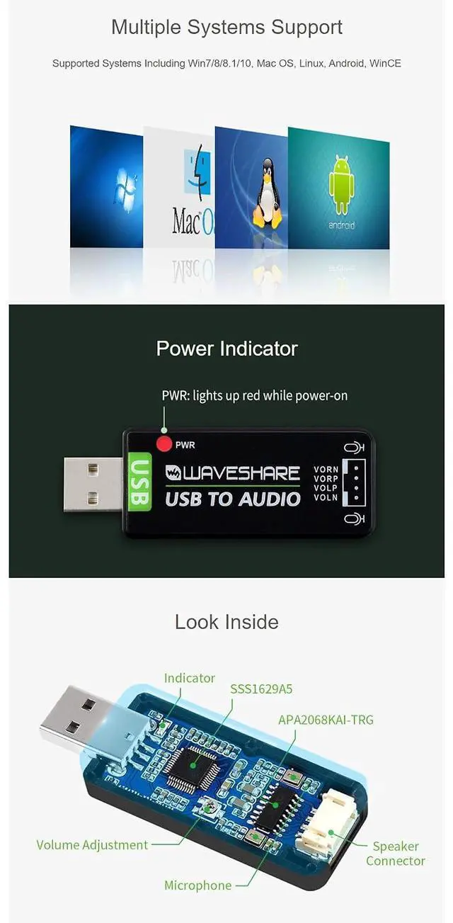 Alt view image 4 of 7 - USB Sound Card USB Audio Module with Speaker for Raspberry Pi/Jetson Nano, No Need Driver, External Audio Converter,Recording and Playback Support