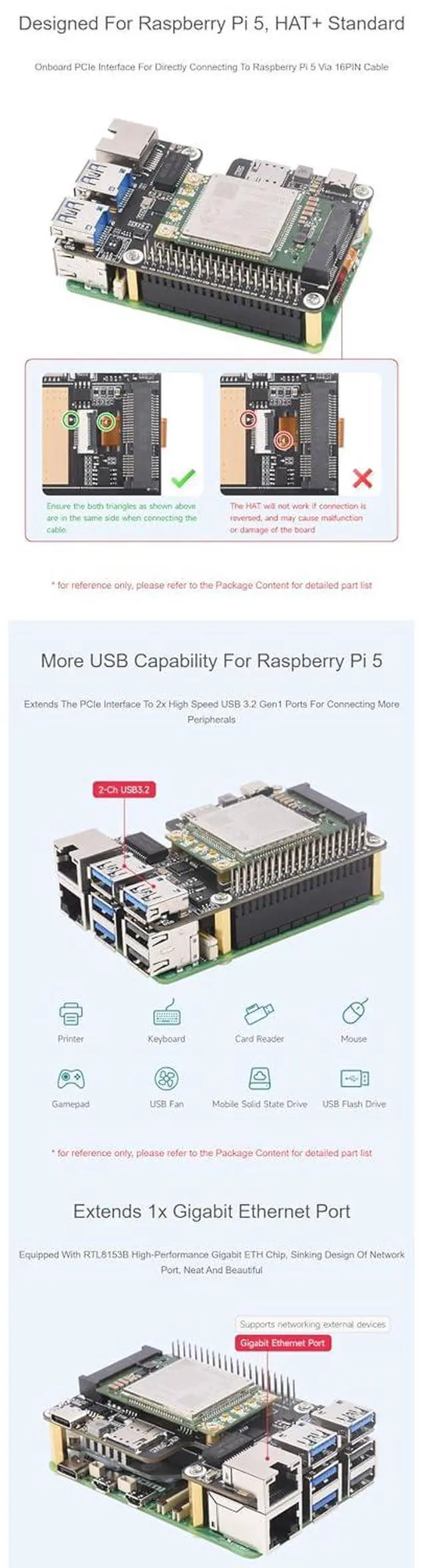 Alt view image 4 of 7 - PCIe to MiniPCIe / RJ45 Gigabit Ethernet/USB 3.2 Gen1 HAT Ports Adapter Fits Raspberry Pi 5 Supports MiniPCIe Interface 4G Module High-Speed Networking for Raspberry Pi 5 HAT