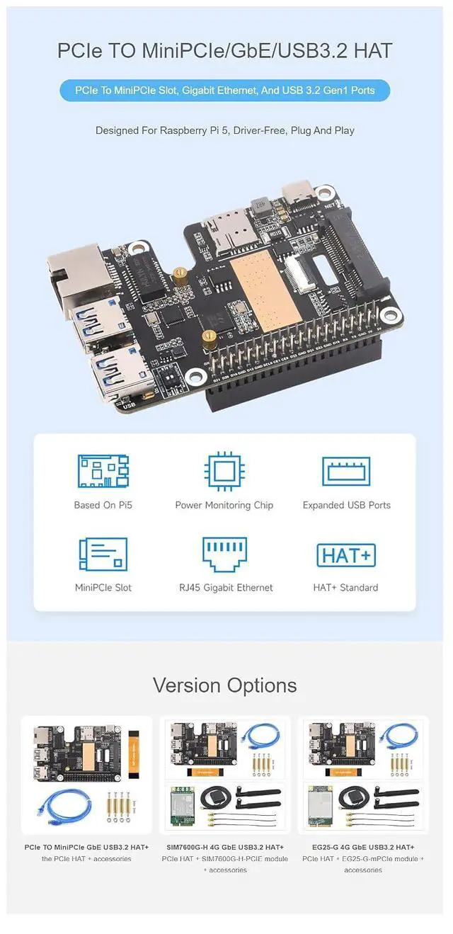 Alt view image 3 of 7 - PCIe to MiniPCIe / RJ45 Gigabit Ethernet/USB 3.2 Gen1 HAT Ports Adapter Fits Raspberry Pi 5 Supports MiniPCIe Interface 4G Module High-Speed Networking for Raspberry Pi 5 HAT