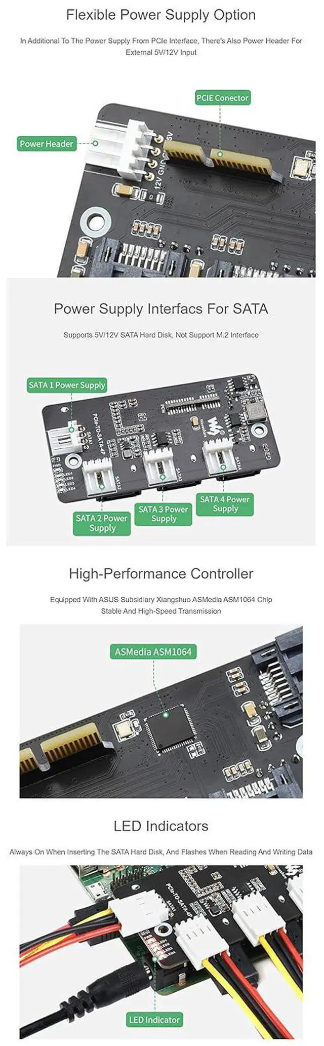 Alt view image 6 of 7 - PCIe to 4-Ch SATA 3.0 Expander Supports Compute Module 4 (CM4), 4 CH SATA 3.0 Interface, 6Gpbs High-Speed