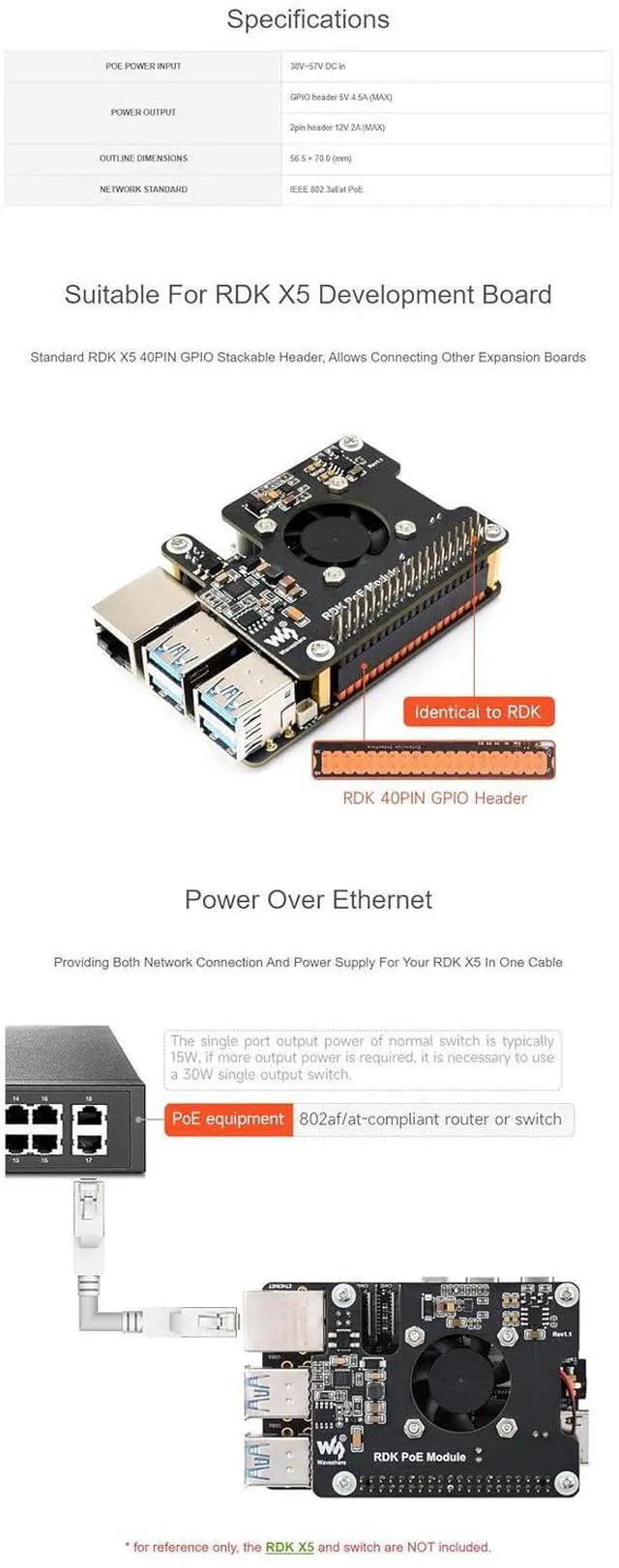 Alt view image 2 of 7 - PoE Expansion Board for RDK X5, 802.3af/at Power Over Ethernet Module with Cooling Fan & Metal Heatsink, 5V/12V Output, Stackable GPIO Header, Compatible with D-Robotics RDK X5