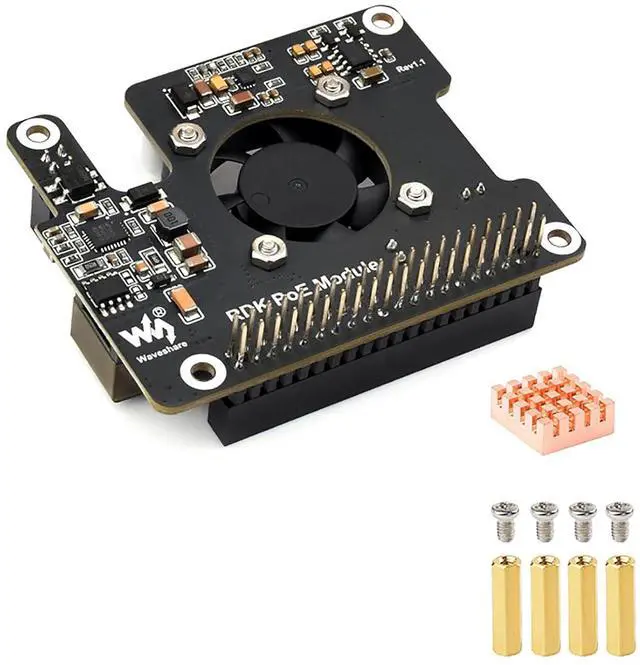Main image of PoE Expansion Board for RDK X5, 802.3af/at Power Over Ethernet Module with Cooling Fan & Metal Heatsink, 5V/12V Output, Stackable GPIO Header, Compatible with D-Robotics RDK X5