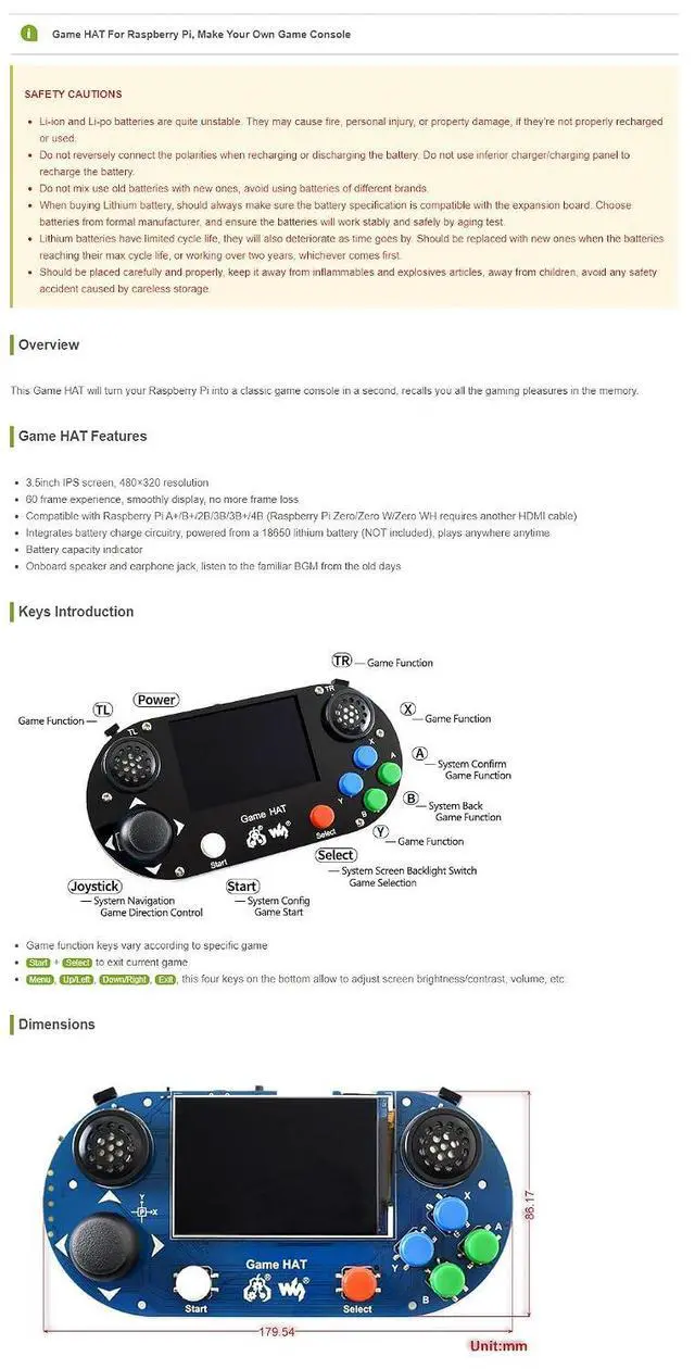 Alt view image 7 of 7 - Game HAT for Raspberry Pi A+ B+ 2B 3B 3B+ 4B Zero W 2W with 3.5inch IPS Screen 480x320
