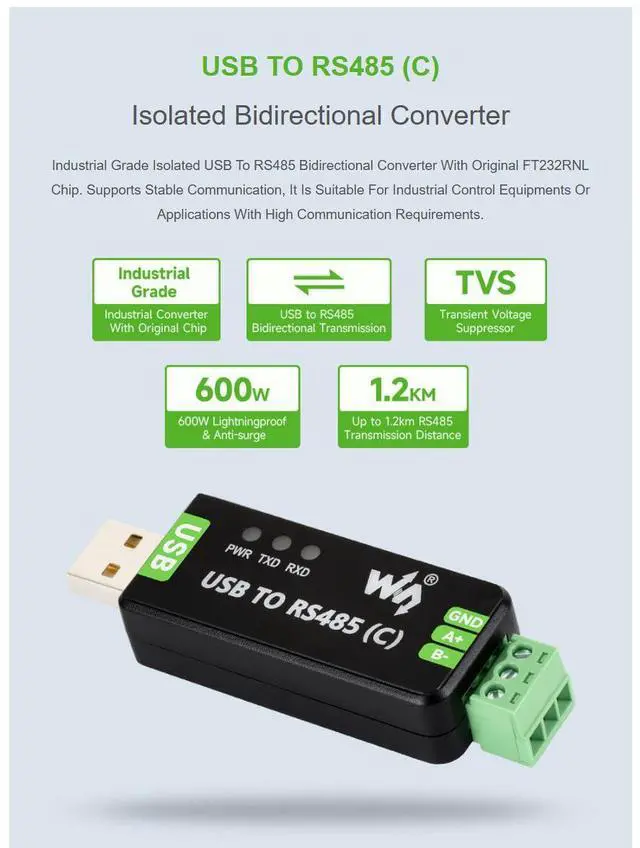 Alt view image 4 of 7 - USB to RS485 Converter Adapter, Industrial Isolated USB RS485 Serial Converter with FT232RNL Chip, TVS ESD Protection, Bidirectional Communication for Windows Linux Mac Android