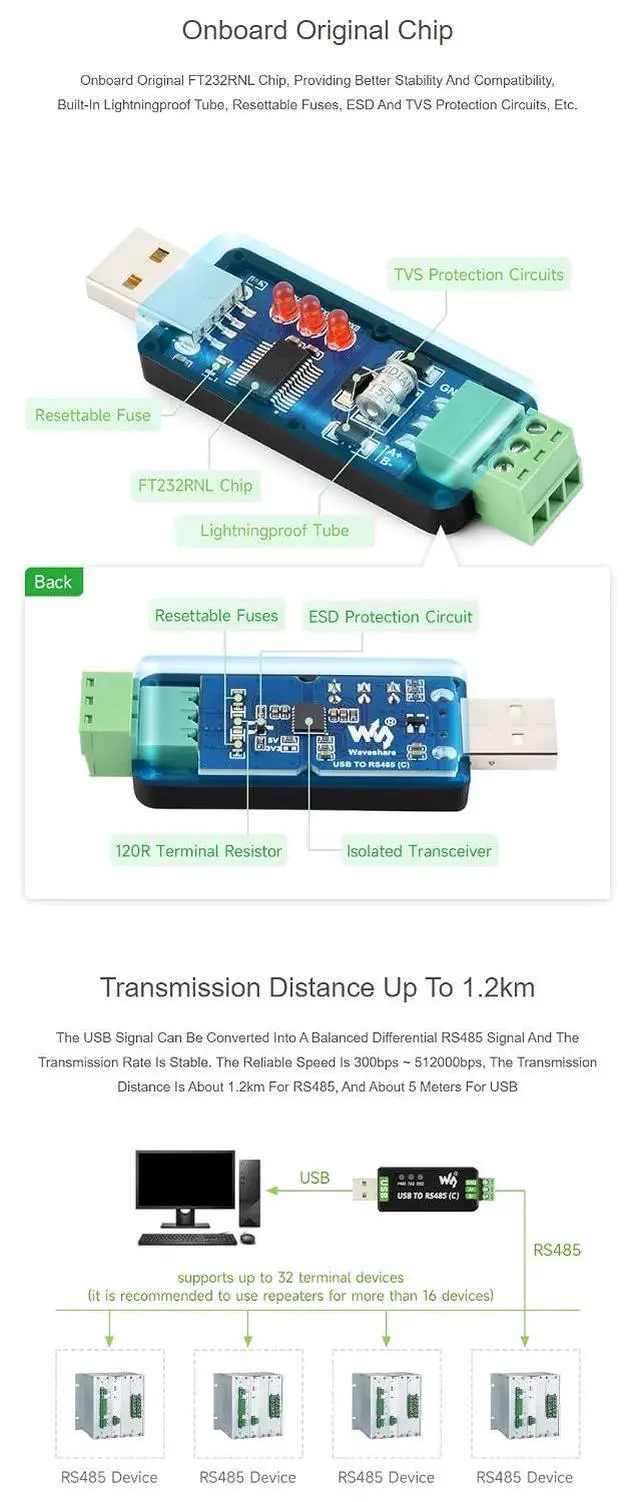 Alt view image 6 of 7 - USB to RS485 Converter Adapter, Industrial Isolated USB RS485 Serial Converter with FT232RNL Chip, TVS ESD Protection, Bidirectional Communication for Windows Linux Mac Android