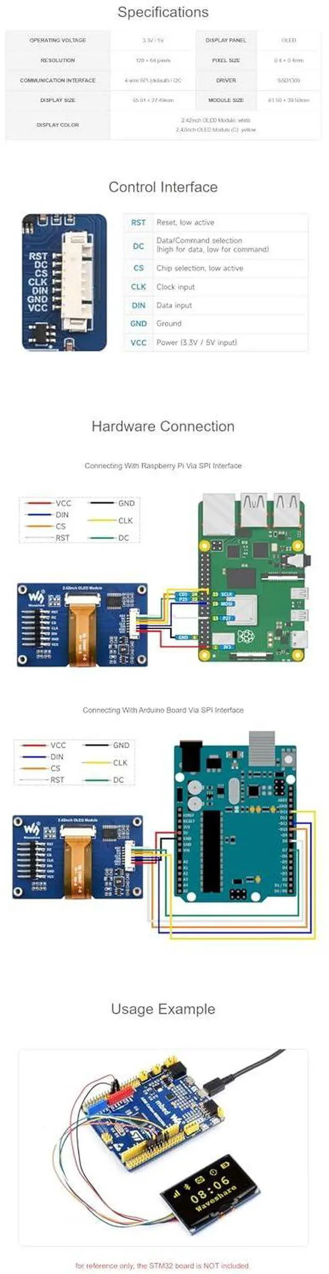 Alt view image 5 of 6 - 2.42 Inch OLED Display Module for for Raspberry Pi/Raspberry Pi Pico/Arduino/STM32/ESP32/Jetson Nano 128×64 Resolution SPI / I2C (White)
