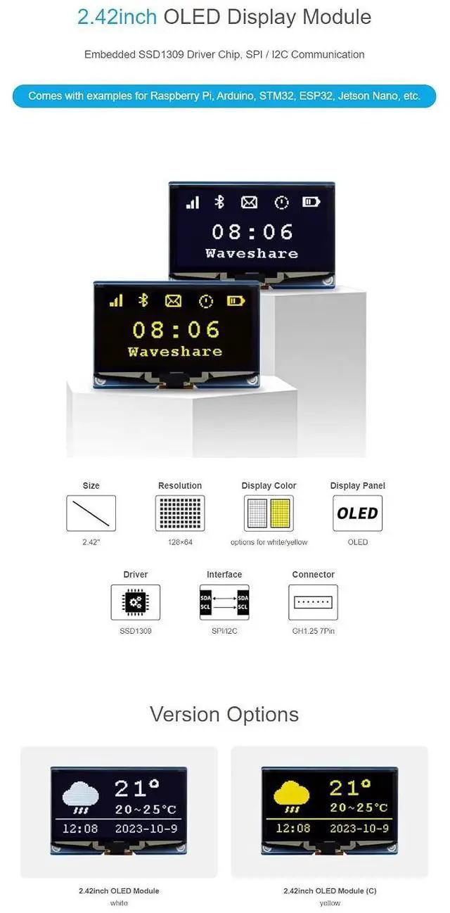 Alt view image 4 of 6 - 2.42 Inch OLED Display Module for for Raspberry Pi/Raspberry Pi Pico/Arduino/STM32/ESP32/Jetson Nano 128×64 Resolution SPI / I2C (White)