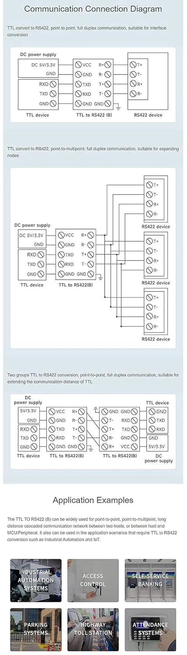 Alt view image 6 of 7 - Galvanic Isolated Rail-Mount TTL to RS422 Converter, Anti-Surge, Multiple Isolation Protection Full Duplex Communication 3.3V - 5V