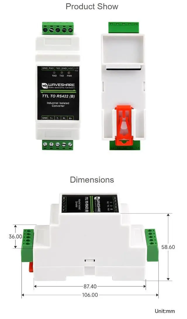 Alt view image 7 of 7 - Galvanic Isolated Rail-Mount TTL to RS422 Converter, Anti-Surge, Multiple Isolation Protection Full Duplex Communication 3.3V - 5V