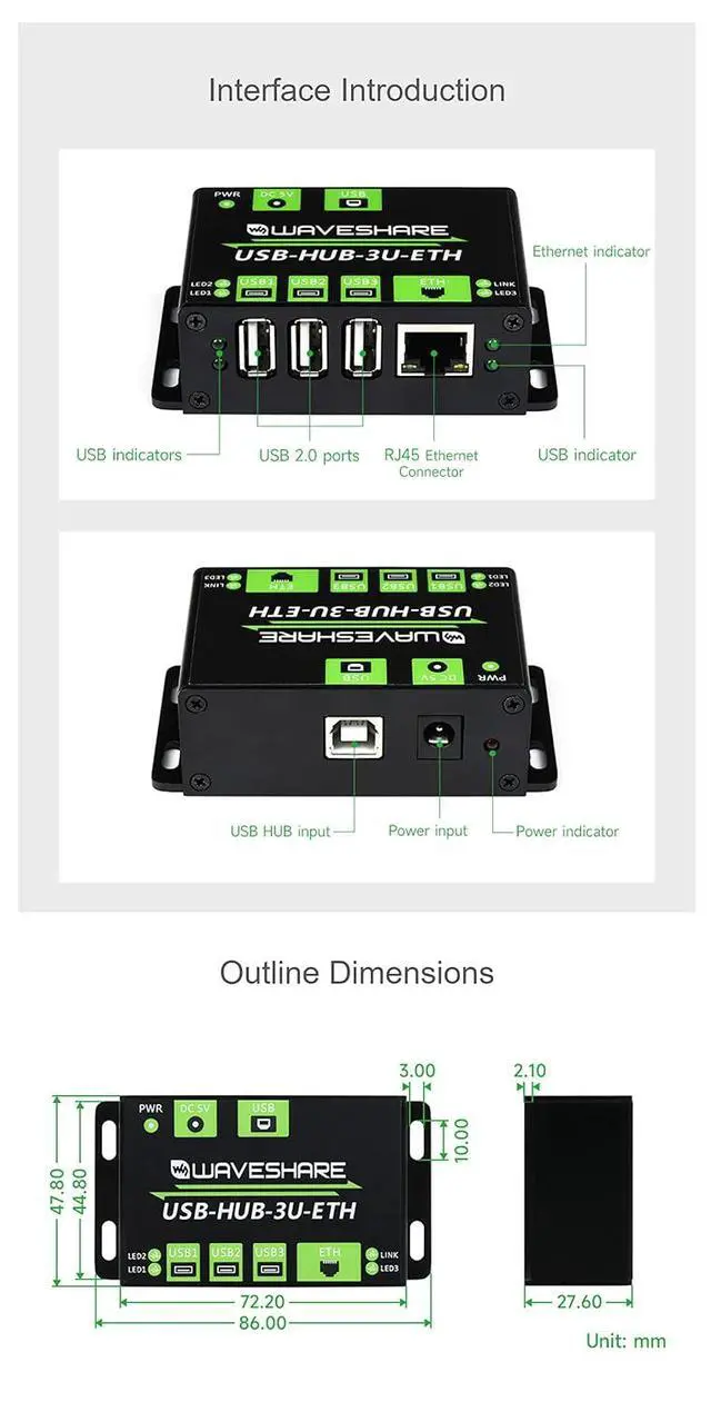 Alt view image 7 of 7 - Industrial Grade Multifunctio USB HUB,3X USB 2.0 Ports Extended, 100M Ethernet Port, Multiple OS Support, Plug & Play