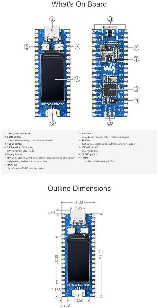 Alt view image 7 of 7 - RP2040-LCD-0.96 Pico-Like MCU Board Based On Raspberry Pi Microcontroller RP2040, Low-Cost, High-Performance with Pre-soldered Header