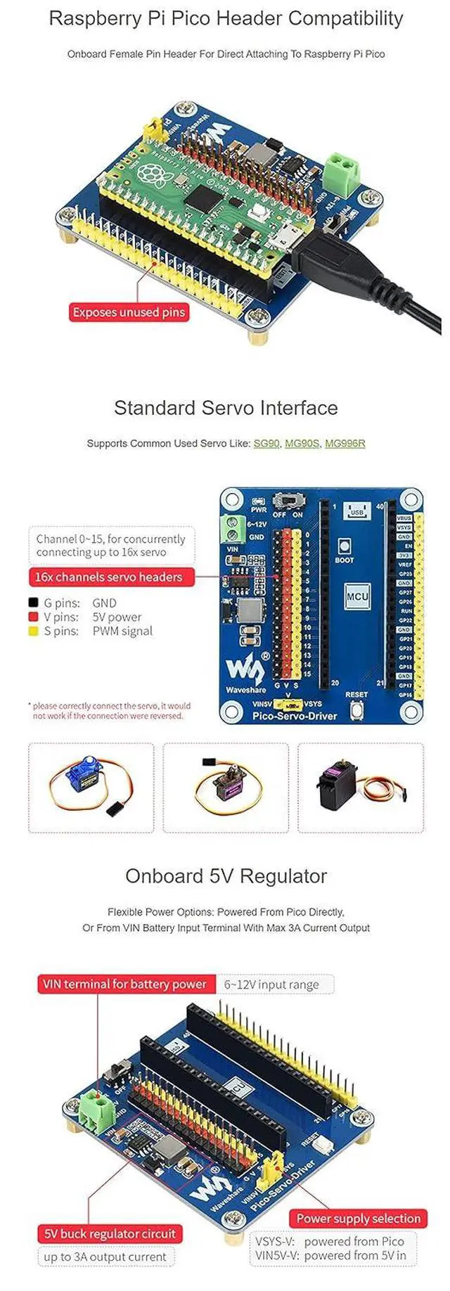 Alt view image 6 of 7 - Servo Driver Module for Raspberry Pi Pico Series, Up to 16-Channel Outputs, 16-Bit Resolution for Controlling Robotic Arm Or Hexapod Walker