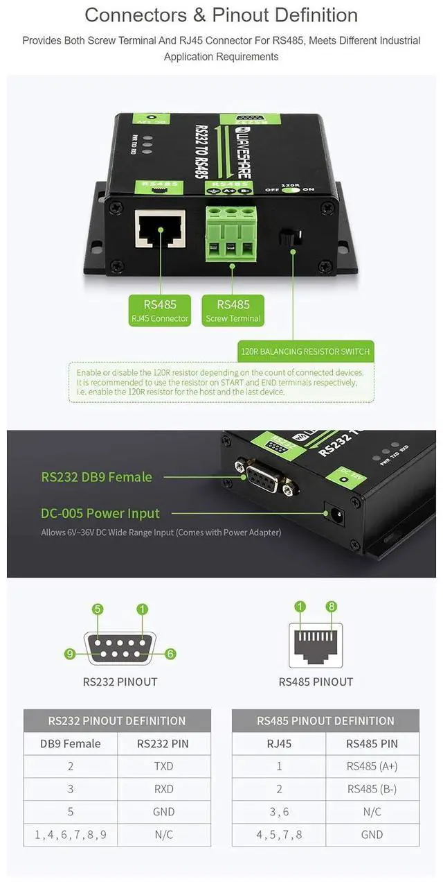 Alt view image 5 of 7 - Industrial Isolated RS232 to RS485 Asynchronous Bi-Directional Converter Embedded TVS,Anti-Surge,ADI Magnetical Isolation Anti-Surge