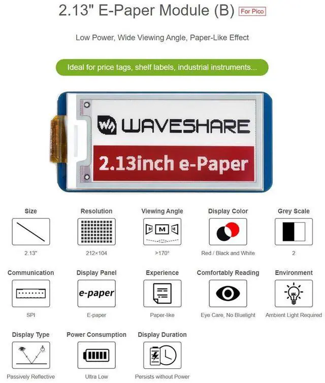 Alt view image 4 of 7 - 2.13inch E-Paper E-Ink Display Module (B) for Raspberry Pi Pico, 212×104 Pixels, Red/Black/White Three Color, Directly Plug and Play