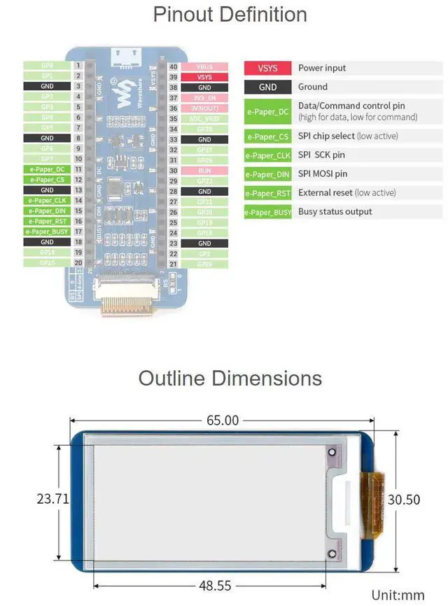 Alt view image 7 of 7 - 2.13inch E-Paper E-Ink Display Module (B) for Raspberry Pi Pico, 212×104 Pixels, Red/Black/White Three Color, Directly Plug and Play