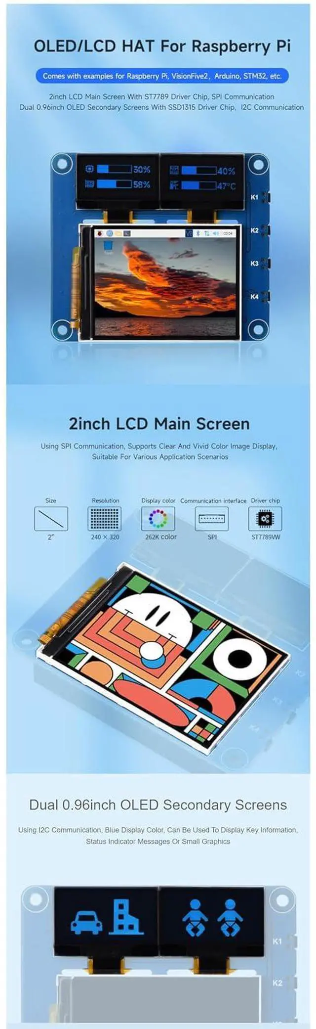 Alt view image 5 of 7 - OLED/LCD HAT for Raspberry Pi 4B+ 4B 3B+ 3B 2B+ Zero W WH 2W with 2inch IPS LCD Main Screen and Two 0.96inch Blue OLED Secondary Screens 40PIN GPIO Header