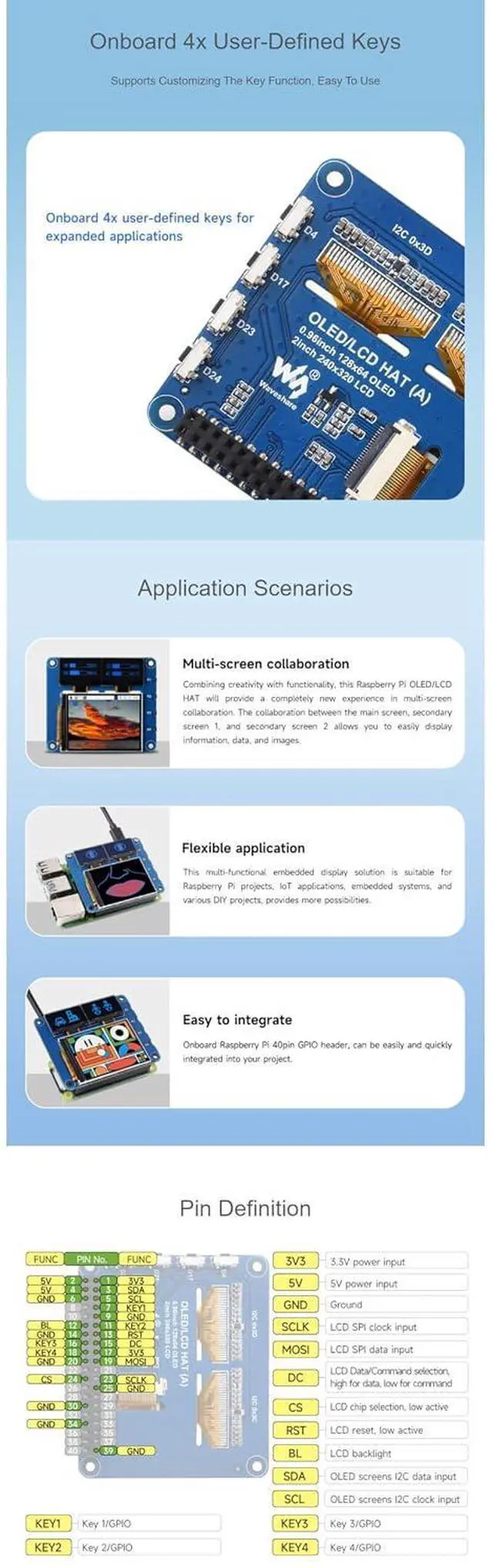 Alt view image 6 of 7 - OLED/LCD HAT for Raspberry Pi 4B+ 4B 3B+ 3B 2B+ Zero W WH 2W with 2inch IPS LCD Main Screen and Two 0.96inch Blue OLED Secondary Screens 40PIN GPIO Header