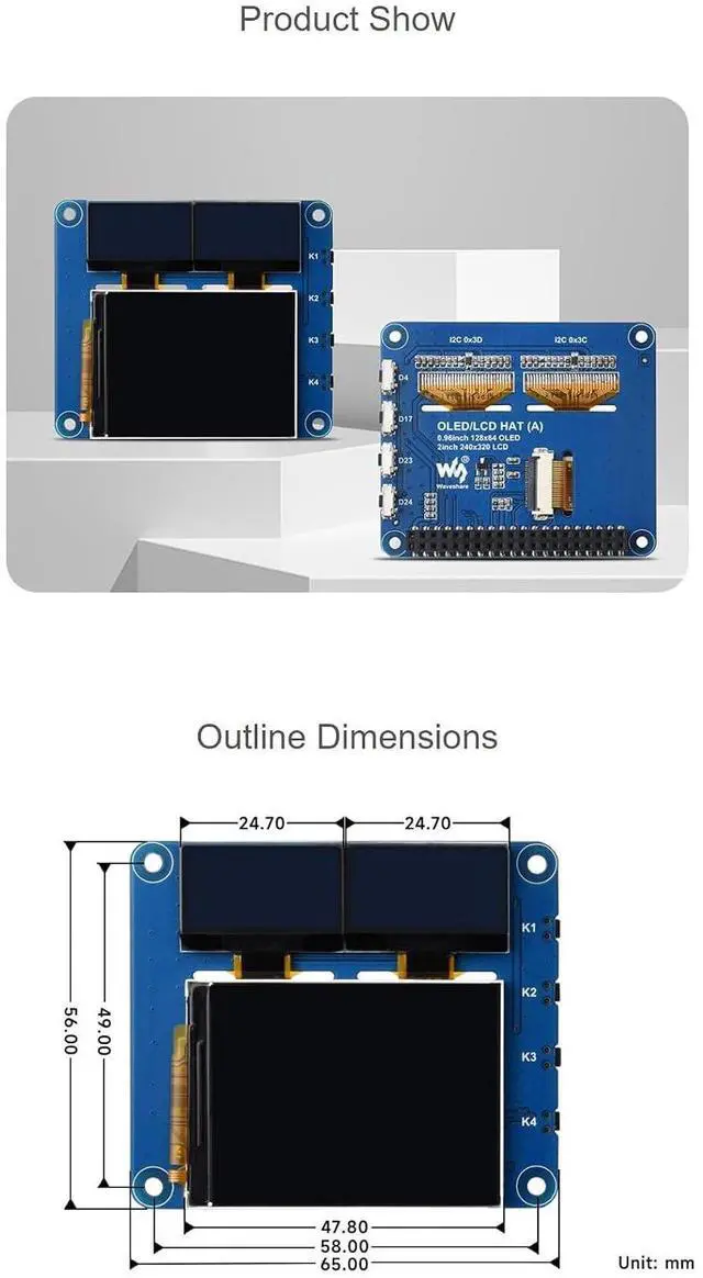 Alt view image 7 of 7 - OLED/LCD HAT for Raspberry Pi 4B+ 4B 3B+ 3B 2B+ Zero W WH 2W with 2inch IPS LCD Main Screen and Two 0.96inch Blue OLED Secondary Screens 40PIN GPIO Header