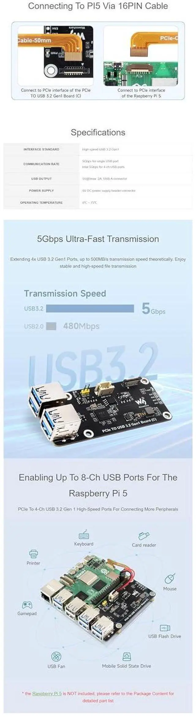 Alt view image 4 of 7 - PCIe to 4-Ch USB3.2 Gen1 Board (C) for Raspberry Pi 5, High-Speed USB 3.2 Gen1 Up to 5Gbps Transmission Speed, Driver No Need, Plug and Play for Raspberry Pi 5 PCIe Adapter