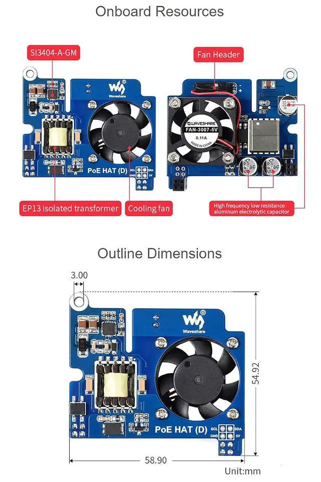 Alt view image 7 of 7 - Power Over Ethernet HAT POE Type D for Raspberry Pi 3B+/4B, 802.3af-Compliant, Fits Raspberry Pi Official Case