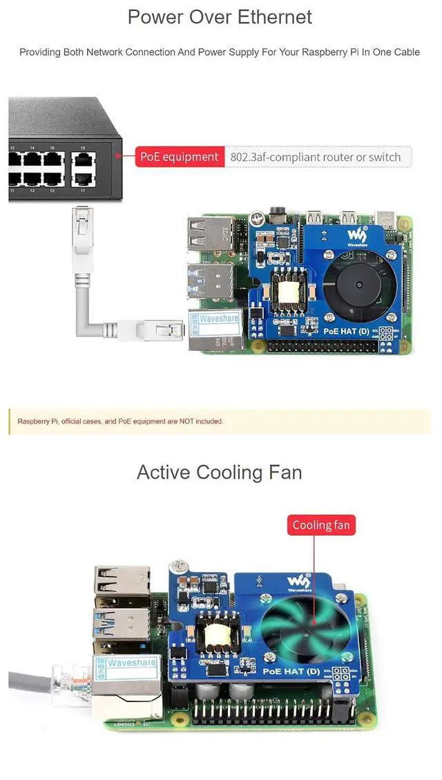 Alt view image 6 of 7 - Power Over Ethernet HAT POE Type D for Raspberry Pi 3B+/4B, 802.3af-Compliant, Fits Raspberry Pi Official Case