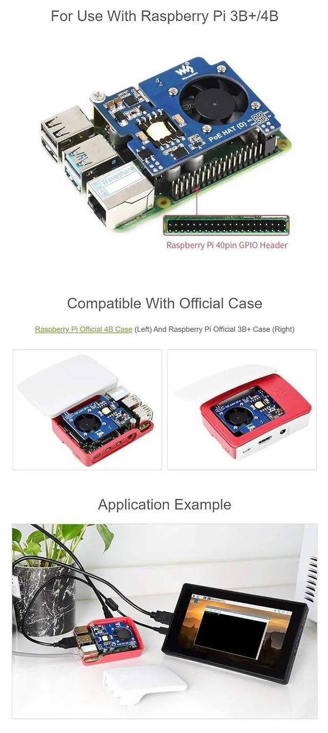 Alt view image 5 of 7 - Power Over Ethernet HAT POE Type D for Raspberry Pi 3B+/4B, 802.3af-Compliant, Fits Raspberry Pi Official Case