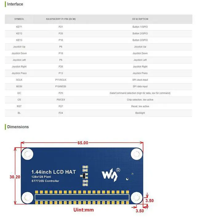 Alt view image 5 of 5 - 1.44 Inch LCD Display HAT for Raspberry Pi 4B+ 4B 3B+ 3B 2B+ Zero W WH 128x128 SPI Interface ST7735S Driver