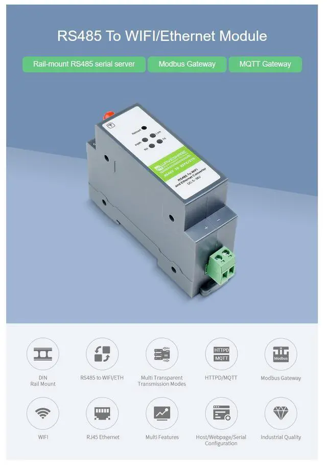 Alt view image 3 of 7 - RS485 to WiFi/Ethernet Converter Module RS485 to ETH Rail-Mount Serial Server Modbus/MQTT Gateway