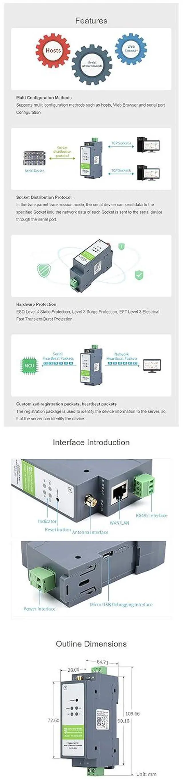 Alt view image 7 of 7 - RS485 to WiFi/Ethernet Converter Module RS485 to ETH Rail-Mount Serial Server Modbus/MQTT Gateway