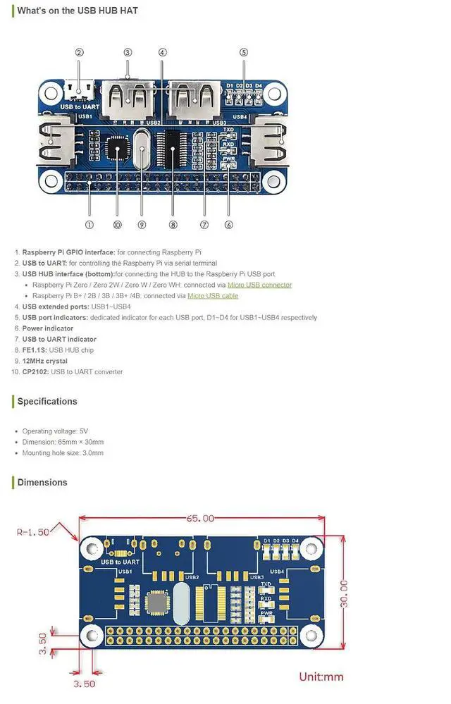 Alt view image 5 of 5 - Raspberry Pi USB HUB HAT 4 Port USB HUB for Raspberry Pi 4B+ 4B 3B+ 3B 2B+ Zero W WH USB to UART Converter Onboard