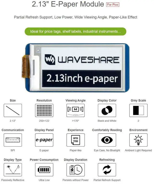 Alt view image 5 of 7 - 2.13inch E-Paper E-Ink Display Module for Raspberry Pi Pico, 250×122 Pixels, Two Colors Black/White, SPI Interface Support Partial Refresh