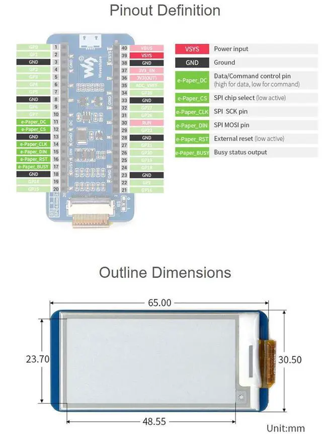 Alt view image 7 of 7 - 2.13inch E-Paper E-Ink Display Module for Raspberry Pi Pico, 250×122 Pixels, Two Colors Black/White, SPI Interface Support Partial Refresh